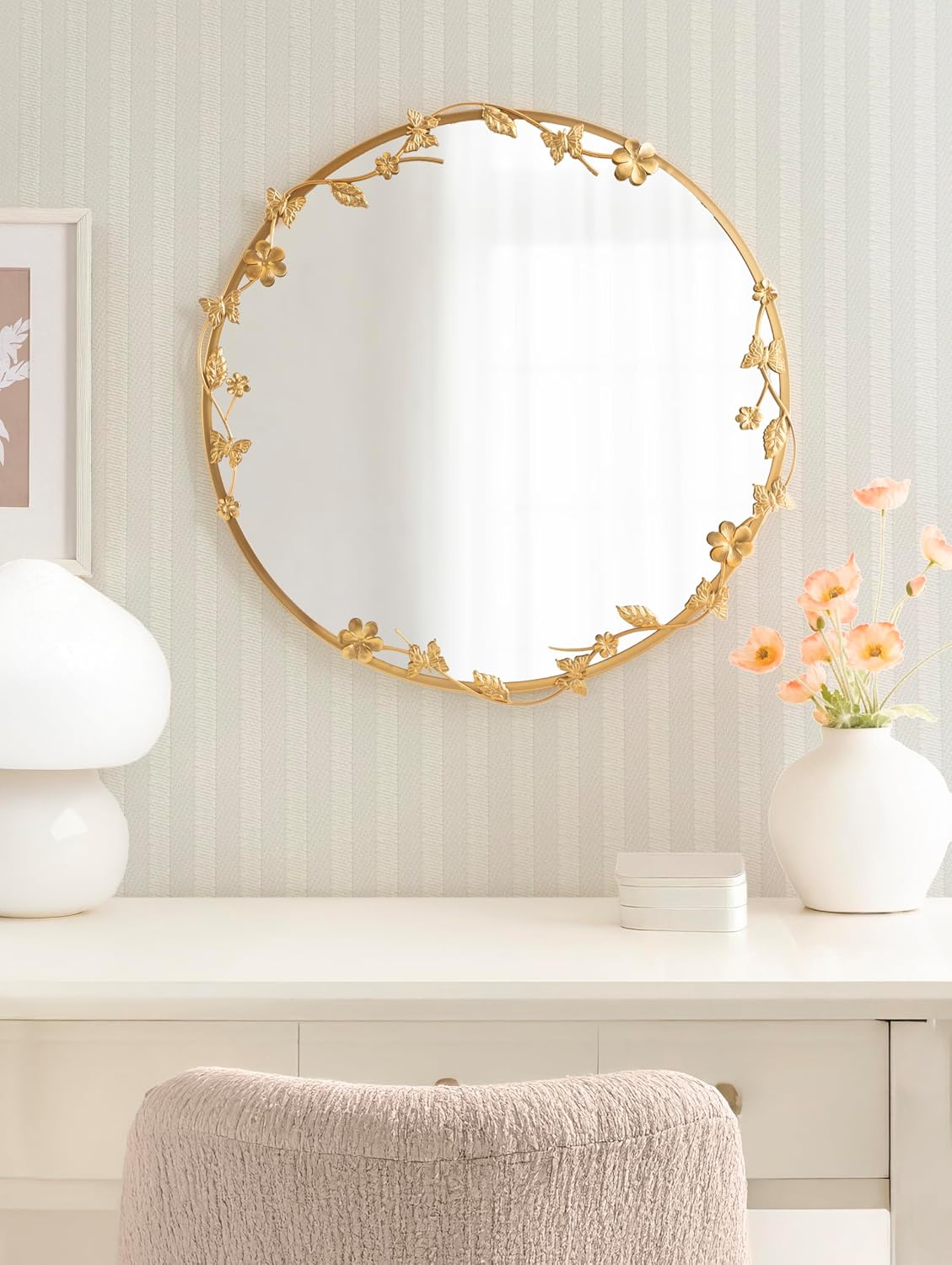 26 Inch Gold Floral Ornate Round Wall Mirror