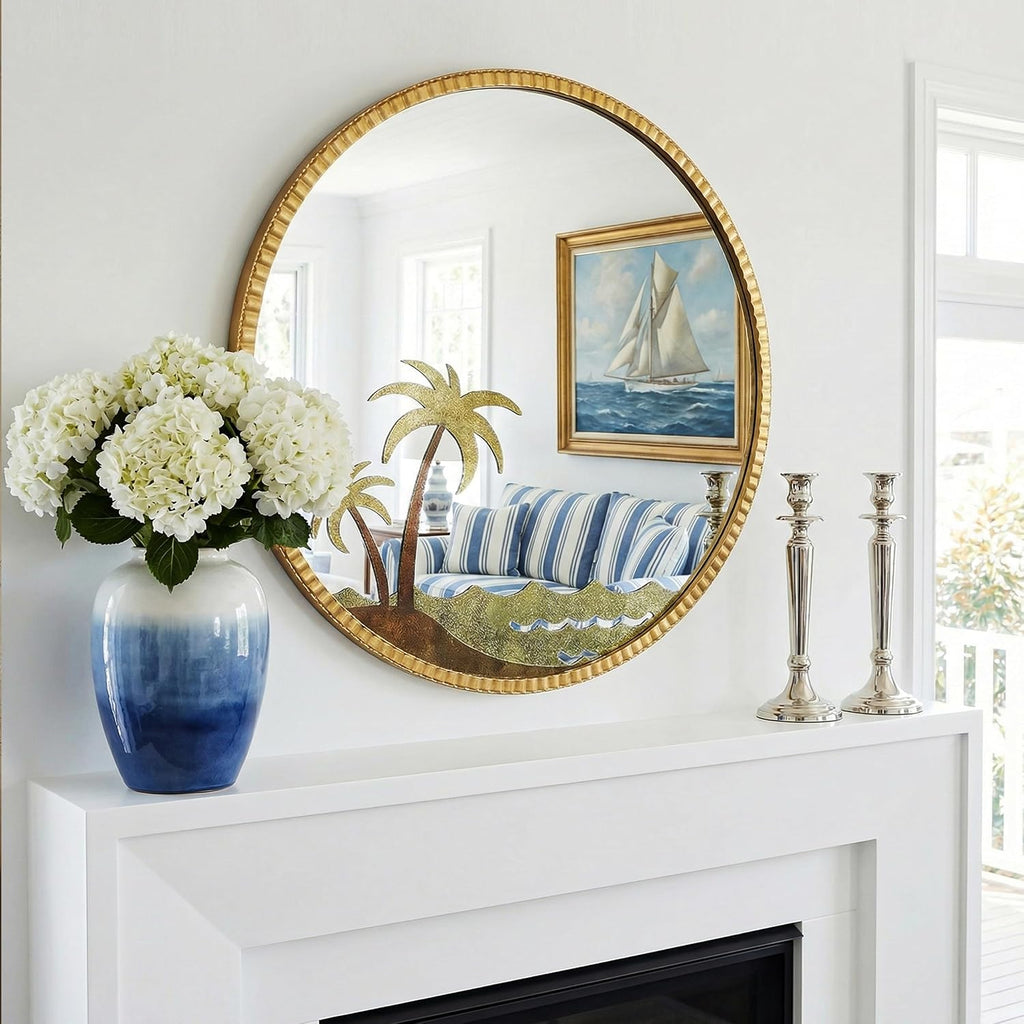 32" Champagne Gold Fluted Coconut Tree Round Wall Mirror