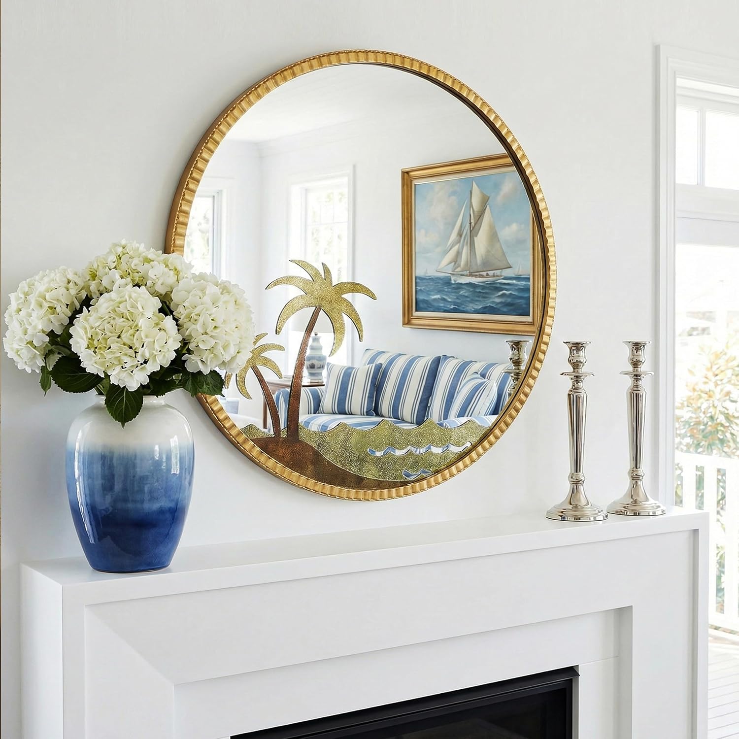 32" Champagne Gold Fluted Coconut Tree Round Wall Mirror
