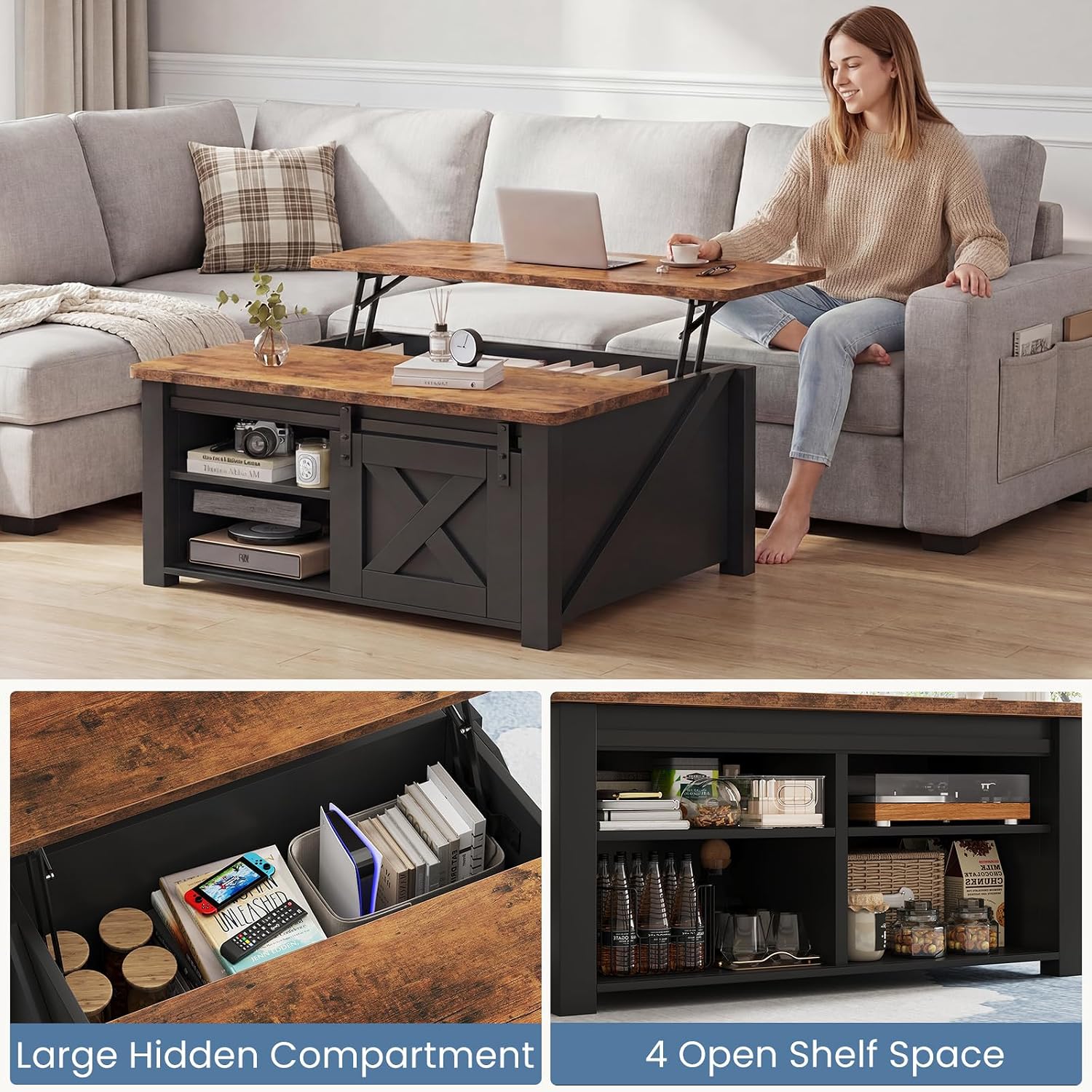 Black Square Lift Storage Coffee Table