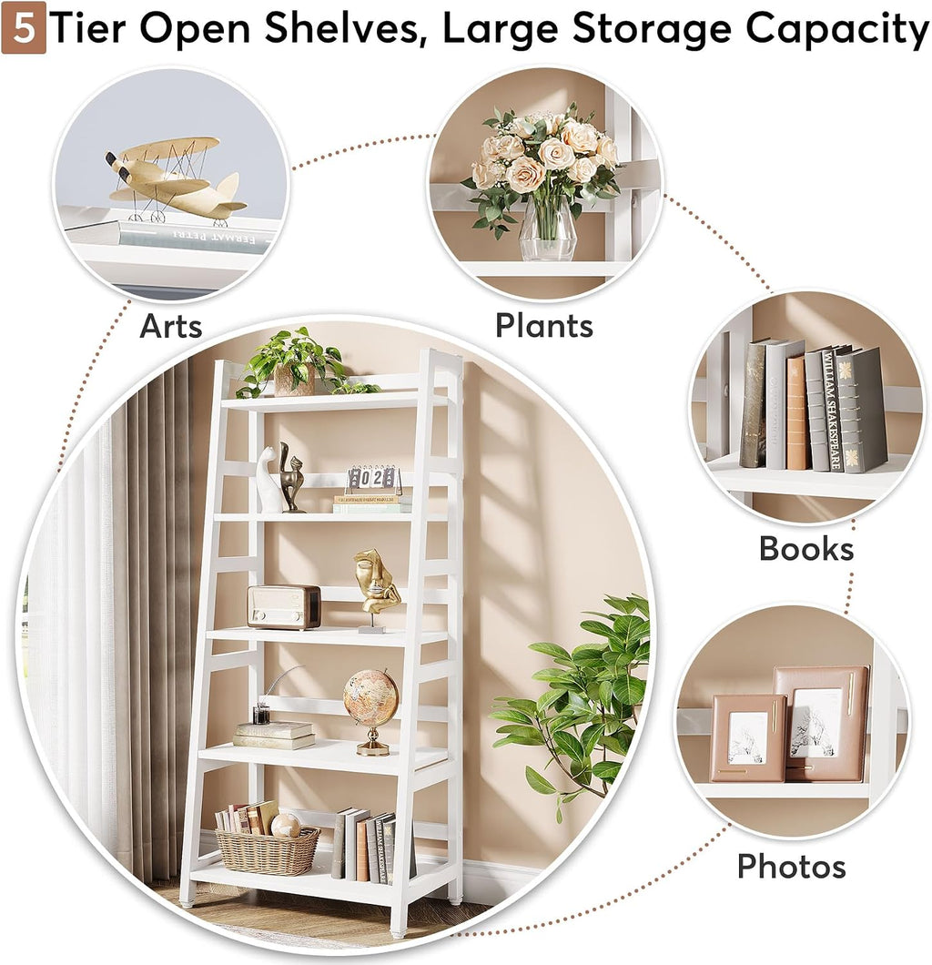 White Modern 5-Tier Ladder Bookshelf