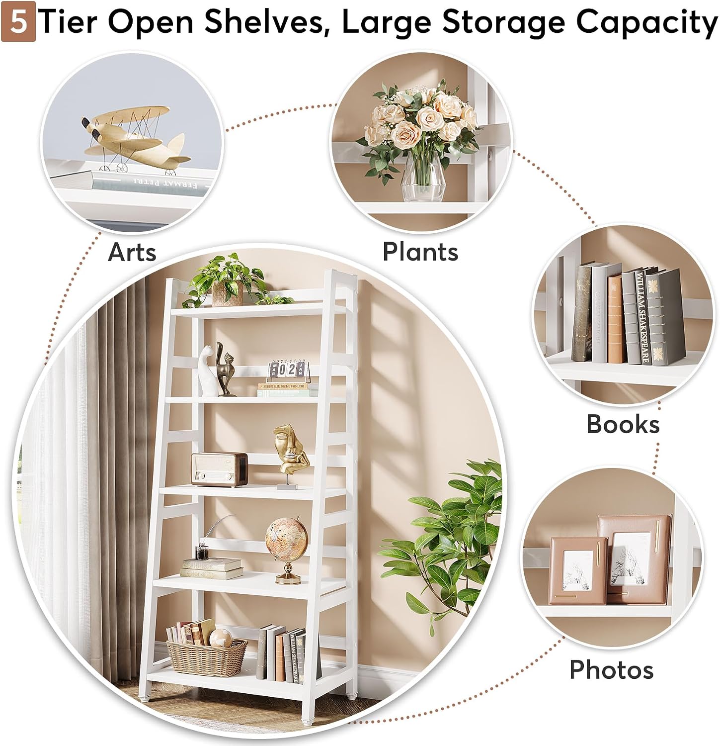 White Modern 5-Tier Ladder Bookshelf