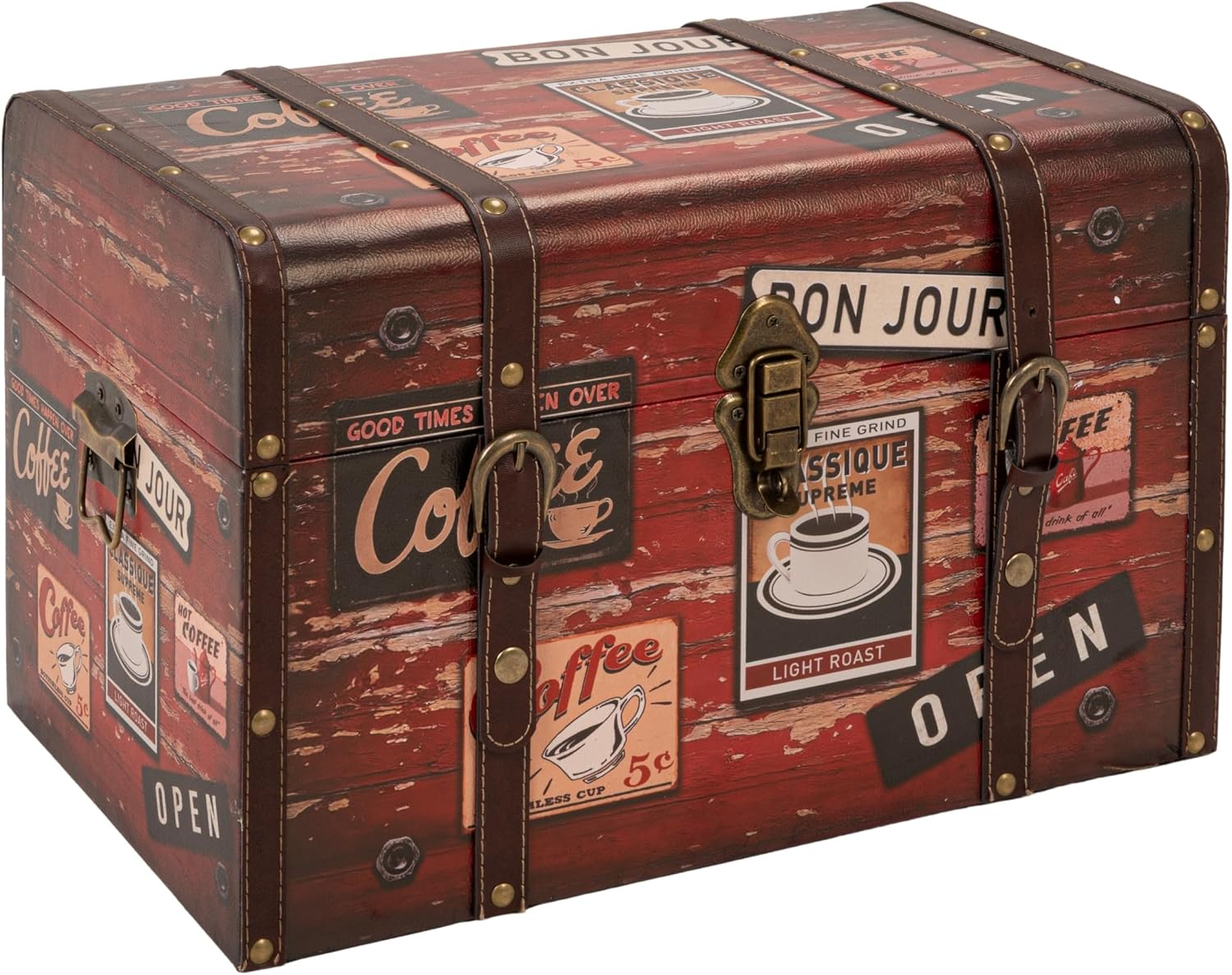 Antique Brown Decoupage Storage Trunk Leather Metal Accents