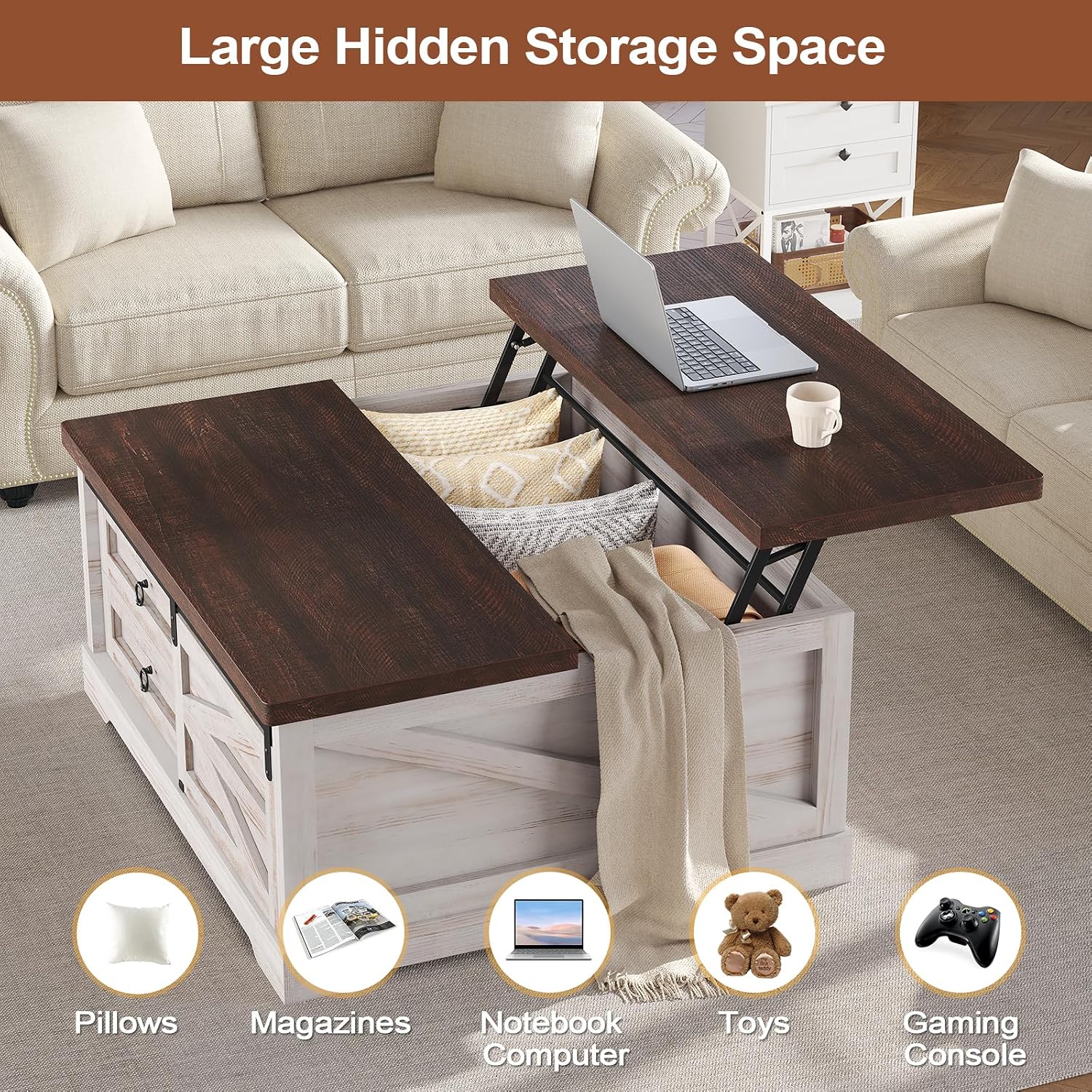 Two-Tone Lift Storage Square Coffee Table