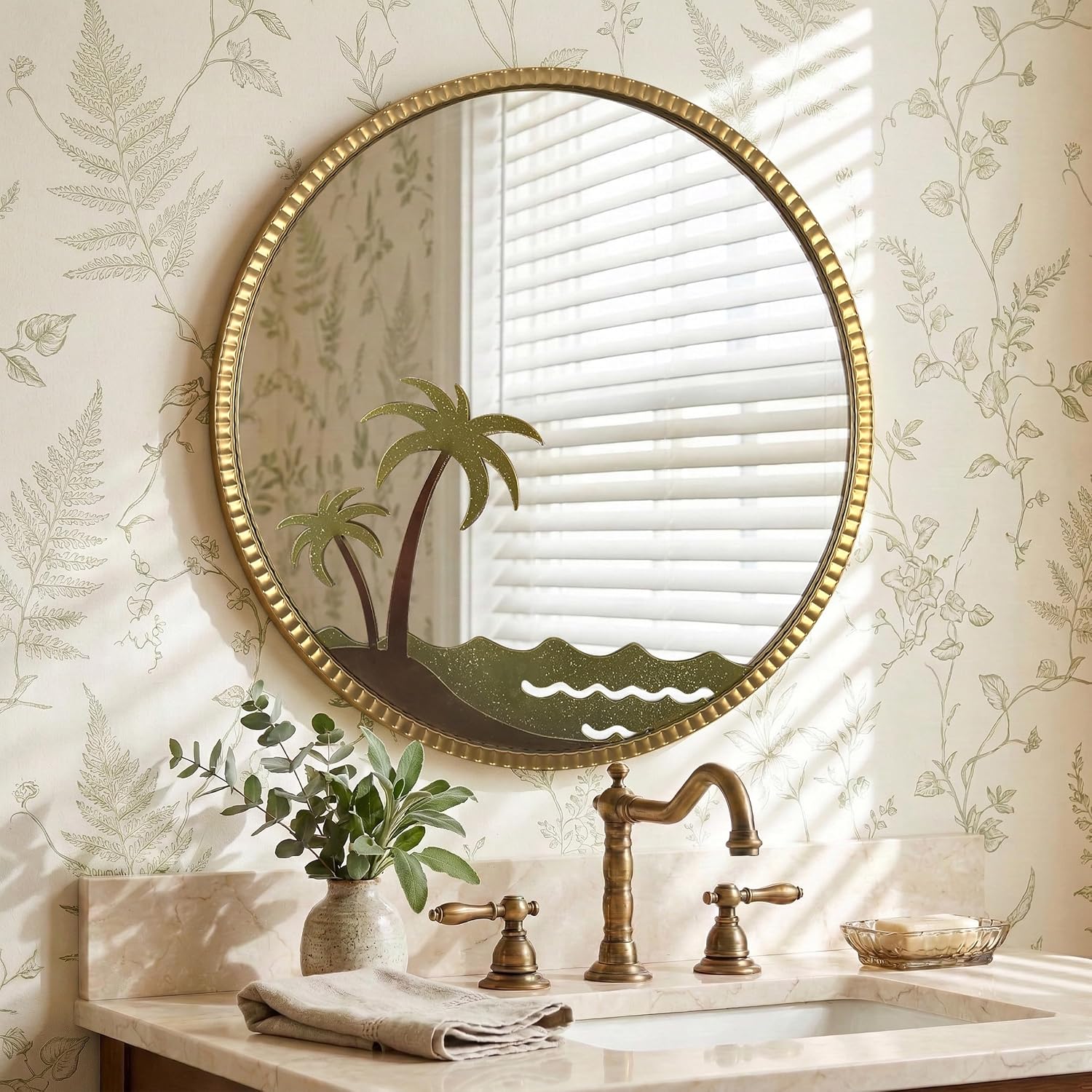 32" Champagne Gold Fluted Coconut Tree Round Wall Mirror