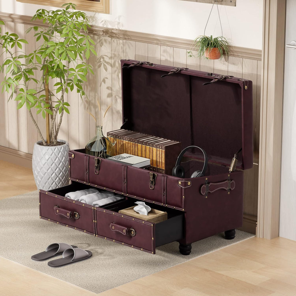 Burgundy Vintage Storage Ottoman Bench