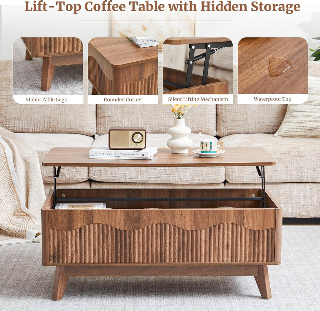 Walnut Fluted Wave Lift Top Rectangular Coffee Table