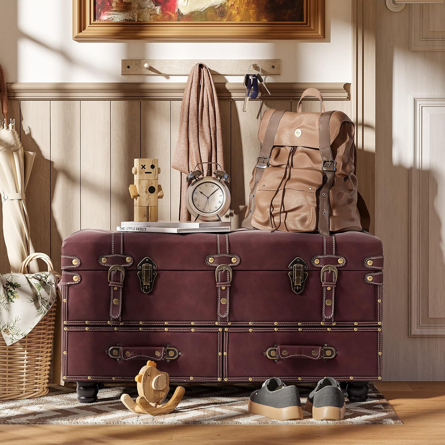 Burgundy Vintage Storage Ottoman Bench